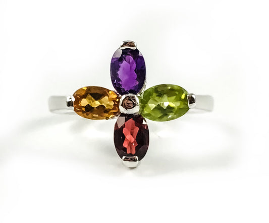 Multi-Colored Floral Ring - Floral Ring - Multicolored Gemstone - Size 7.5 Ring - Colorful Ring - Ring for Her - Solid Sterling Silver Ring