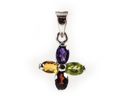 Multi- Colored Gemstone Pendant with Chain - Multi Gemstone Pendant - Floral Pendant with Chain - Solid 925 Sterling Silver Pendant for Her