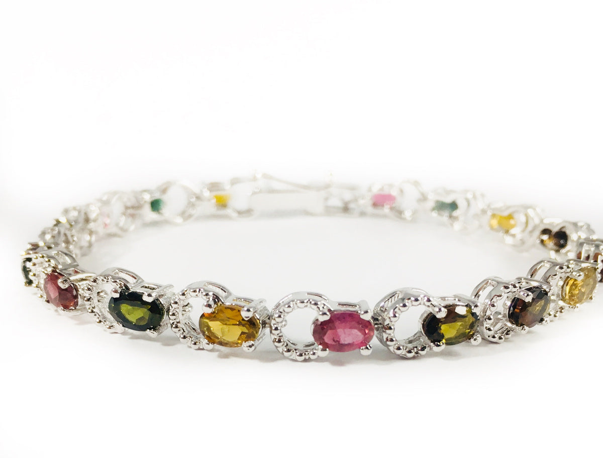 Natural Multi-Tourmaline Bracelet - Stunning Bracelet - Sleek Link Bracelet - Multi Gemstone Bracelet - Solid 925 Sterling Silver Bracelet