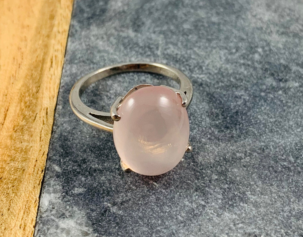 Natural Rose Quartz Cabochon Ring - US 7.0 -  Pretty Pink Ring - Baby Pink Ring - May Birthstone - Gift for Her - Solid Sterling Silver Ring