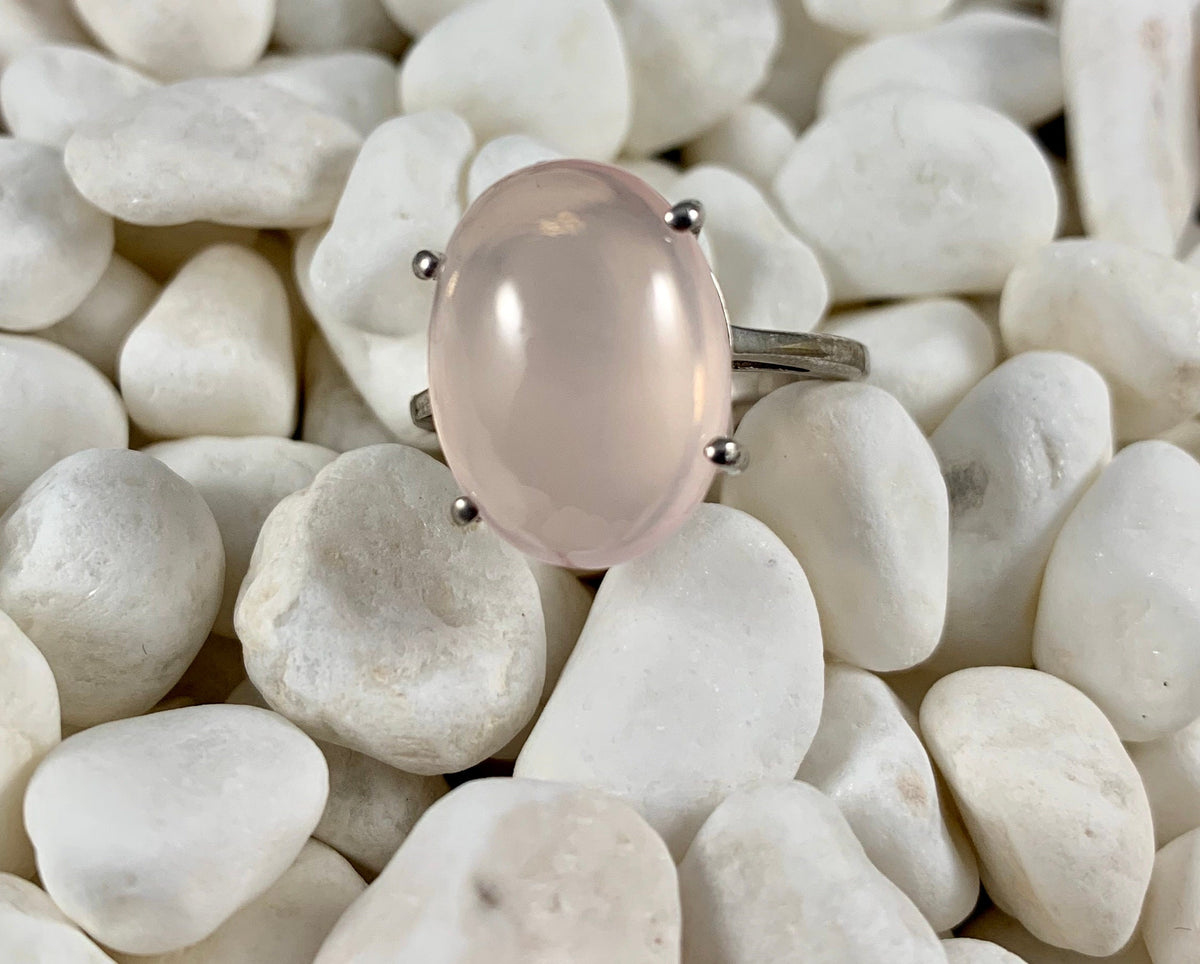 Natural Rose Quartz Cabochon Ring - US 7.0 -  Pretty Pink Ring - Baby Pink Ring - May Birthstone - Gift for Her - Solid Sterling Silver Ring
