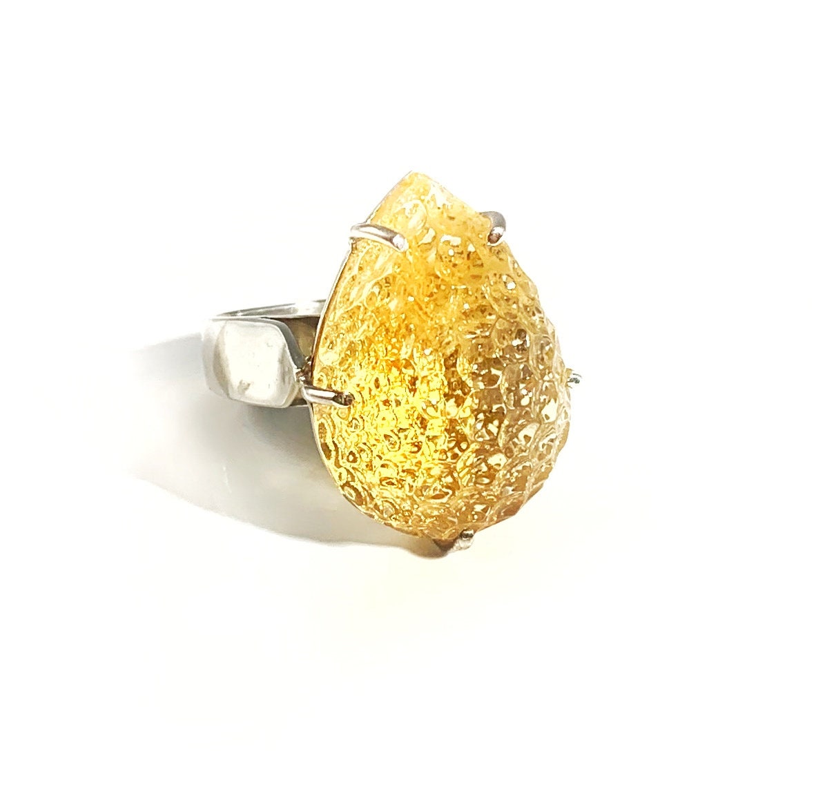 Gorgeous Citrine Ring - Carved Citrine Pear-Shaped Ring -  Carved Gemstone Ring - November Birthstone - US 7.75 Ring - Solid 925 Silver Ring