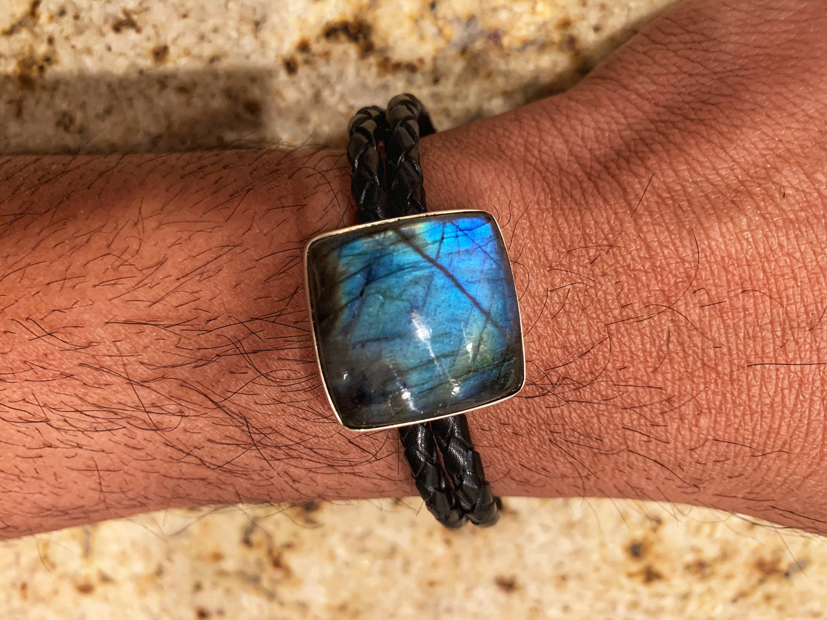 Genuine Labradorite Leather Bracelet - Labradorite Silver Bracelet - Bracelet for Him - Pure Braided Leather Gemstone Bracelet