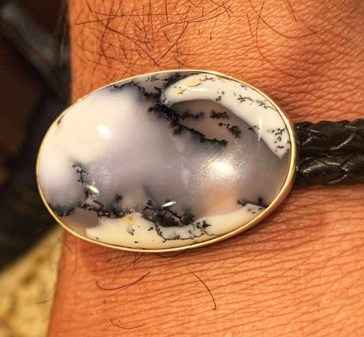 Dendritic Opal Leather Bracelet - Dendritic Oval Silver Bracelet - Bracelet for Him - Pure Braided Leather Gemstone Bracelet