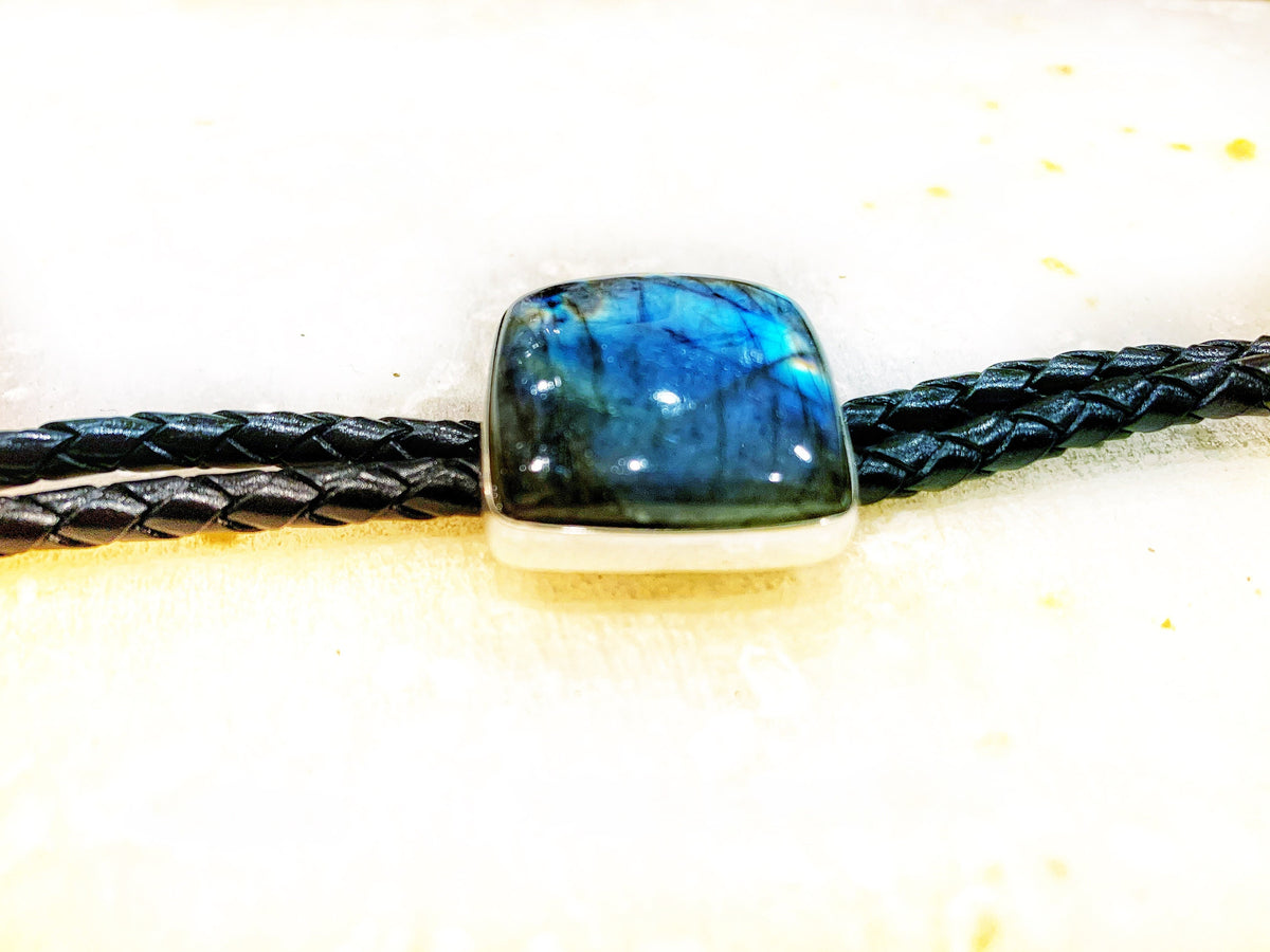 Genuine Labradorite Leather Bracelet - Labradorite Silver Bracelet - Bracelet for Him - Pure Braided Leather Gemstone Bracelet