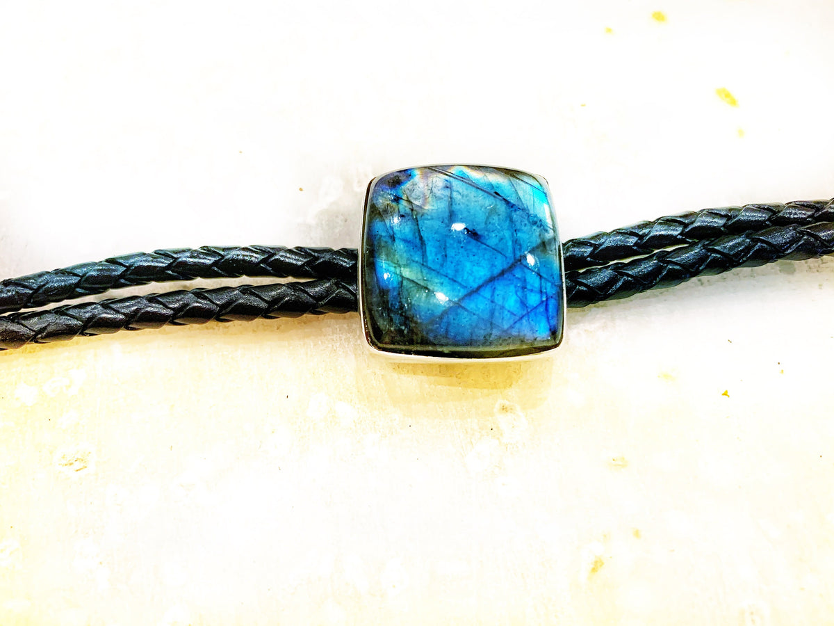 Genuine Labradorite Leather Bracelet - Labradorite Silver Bracelet - Bracelet for Him - Pure Braided Leather Gemstone Bracelet