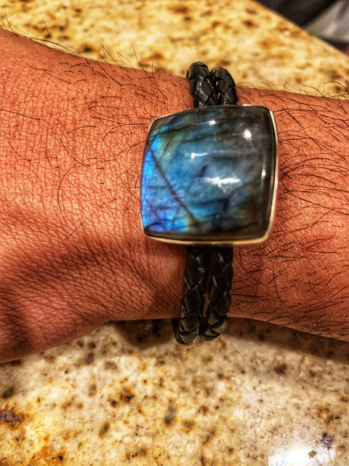 Genuine Labradorite Leather Bracelet - Labradorite Silver Bracelet - Bracelet for Him - Pure Braided Leather Gemstone Bracelet
