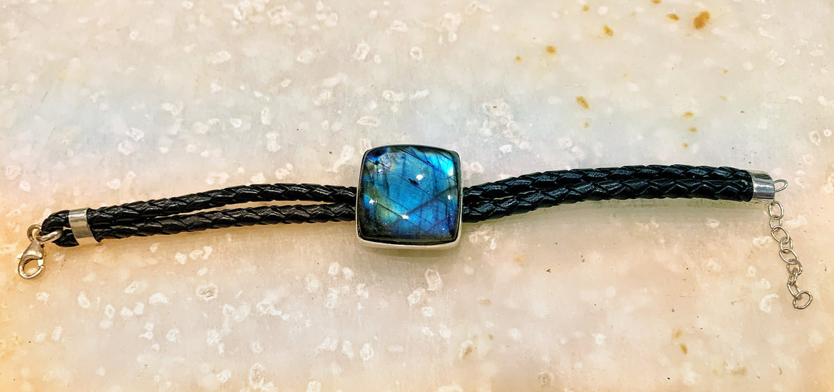 Genuine Labradorite Leather Bracelet - Labradorite Silver Bracelet - Bracelet for Him - Pure Braided Leather Gemstone Bracelet
