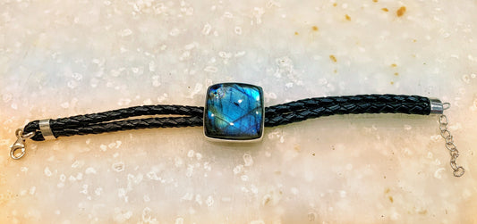 Genuine Labradorite Leather Bracelet - Labradorite Silver Bracelet - Bracelet for Him - Pure Braided Leather Gemstone Bracelet