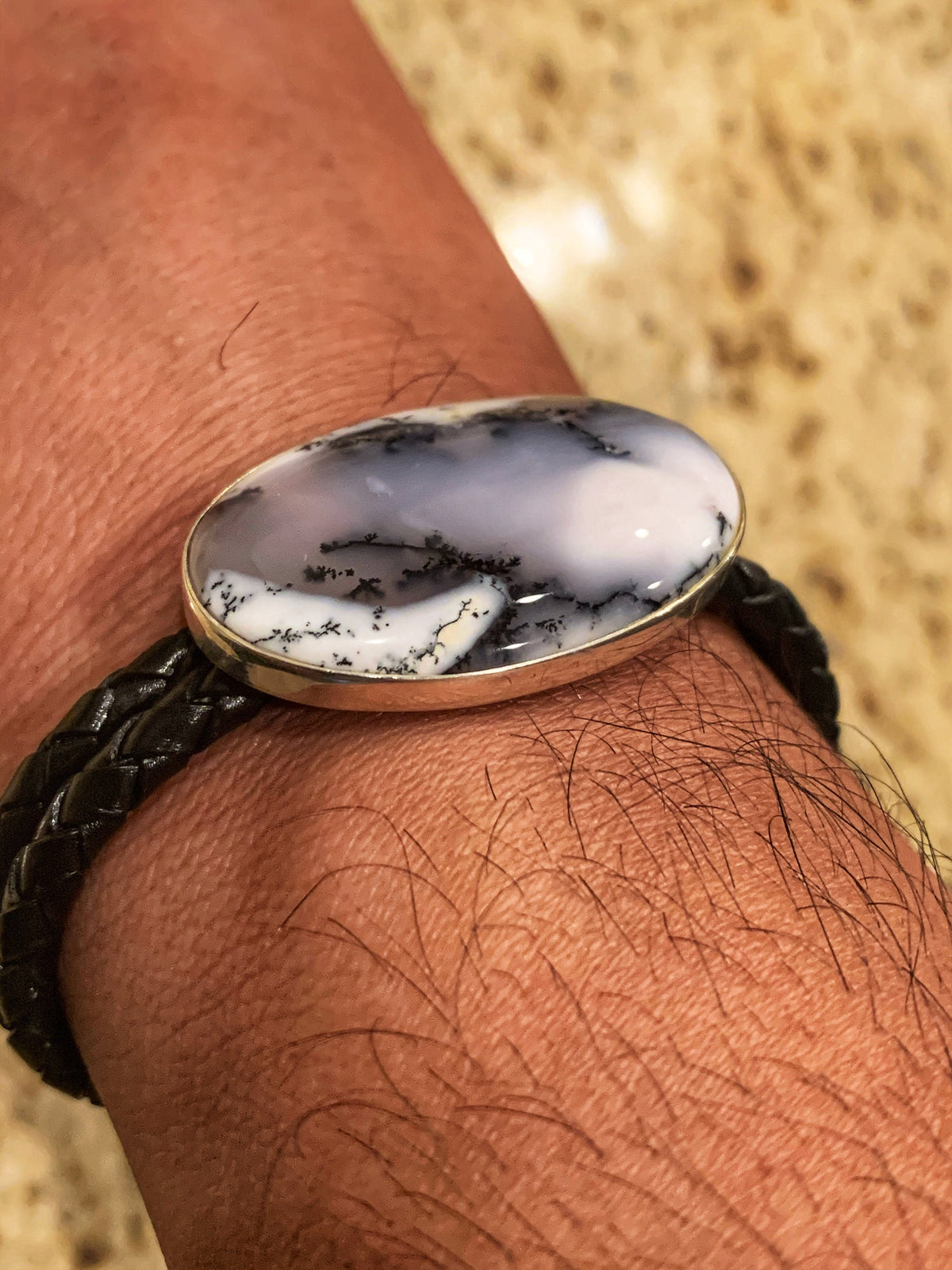 Dendritic Opal Leather Bracelet - Dendritic Oval Silver Bracelet - Bracelet for Him - Pure Braided Leather Gemstone Bracelet
