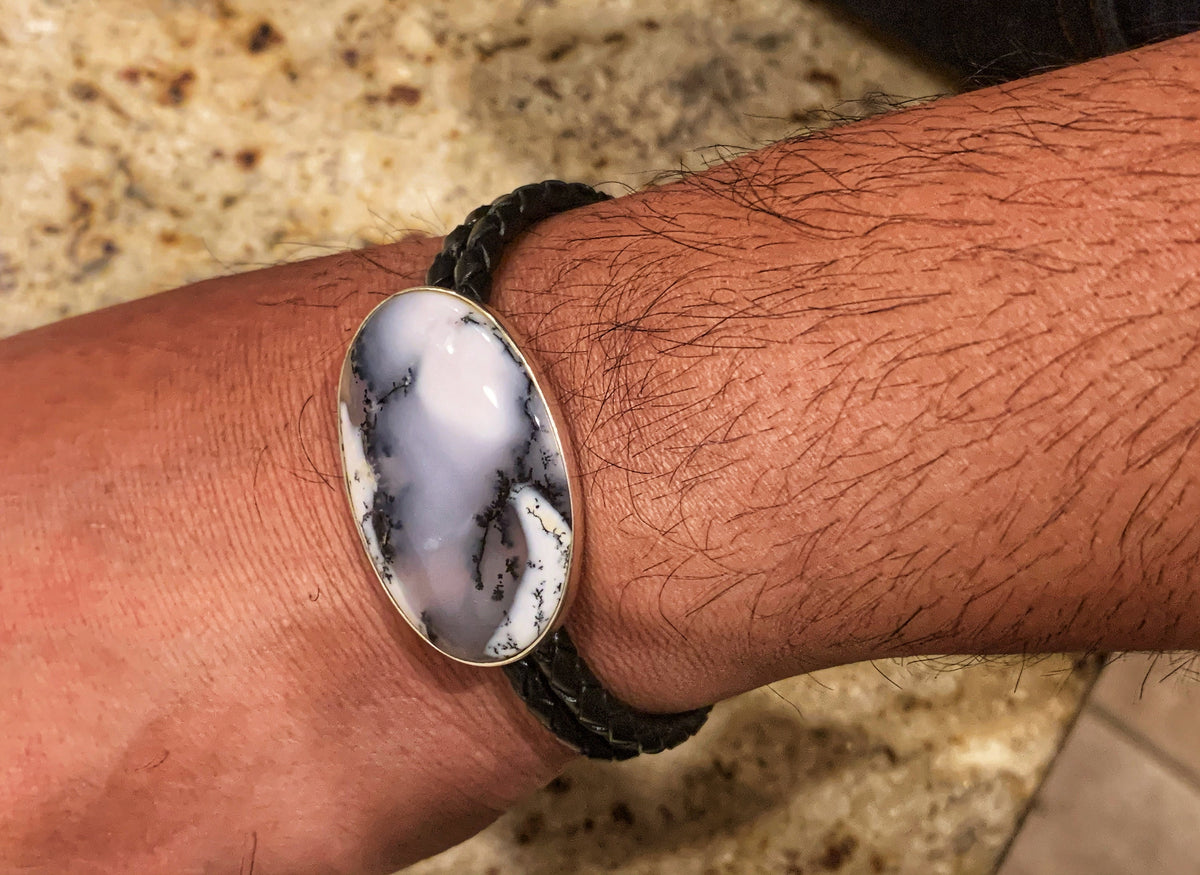 Dendritic Opal Leather Bracelet - Dendritic Oval Silver Bracelet - Bracelet for Him - Pure Braided Leather Gemstone Bracelet