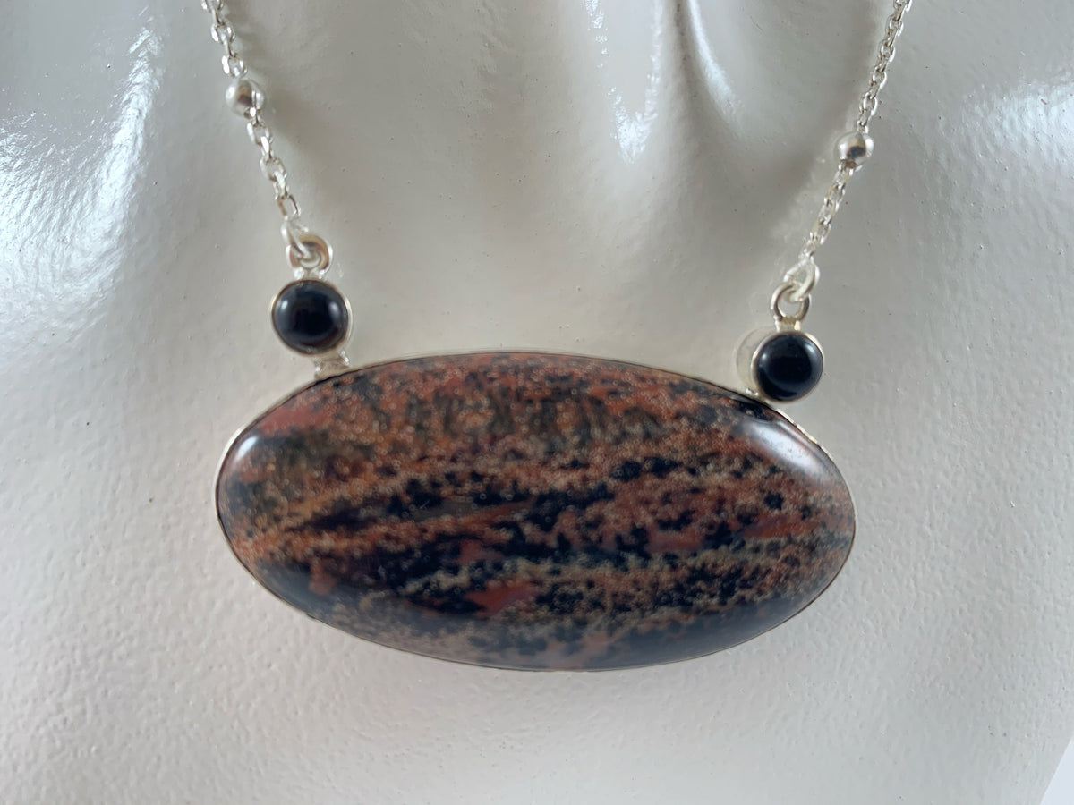 Honey Dendrite and Black Onyx Pendant with Attached Chain - Honey Dendrite Necklace - Black Onyx Necklace - Sterling Silver Necklace