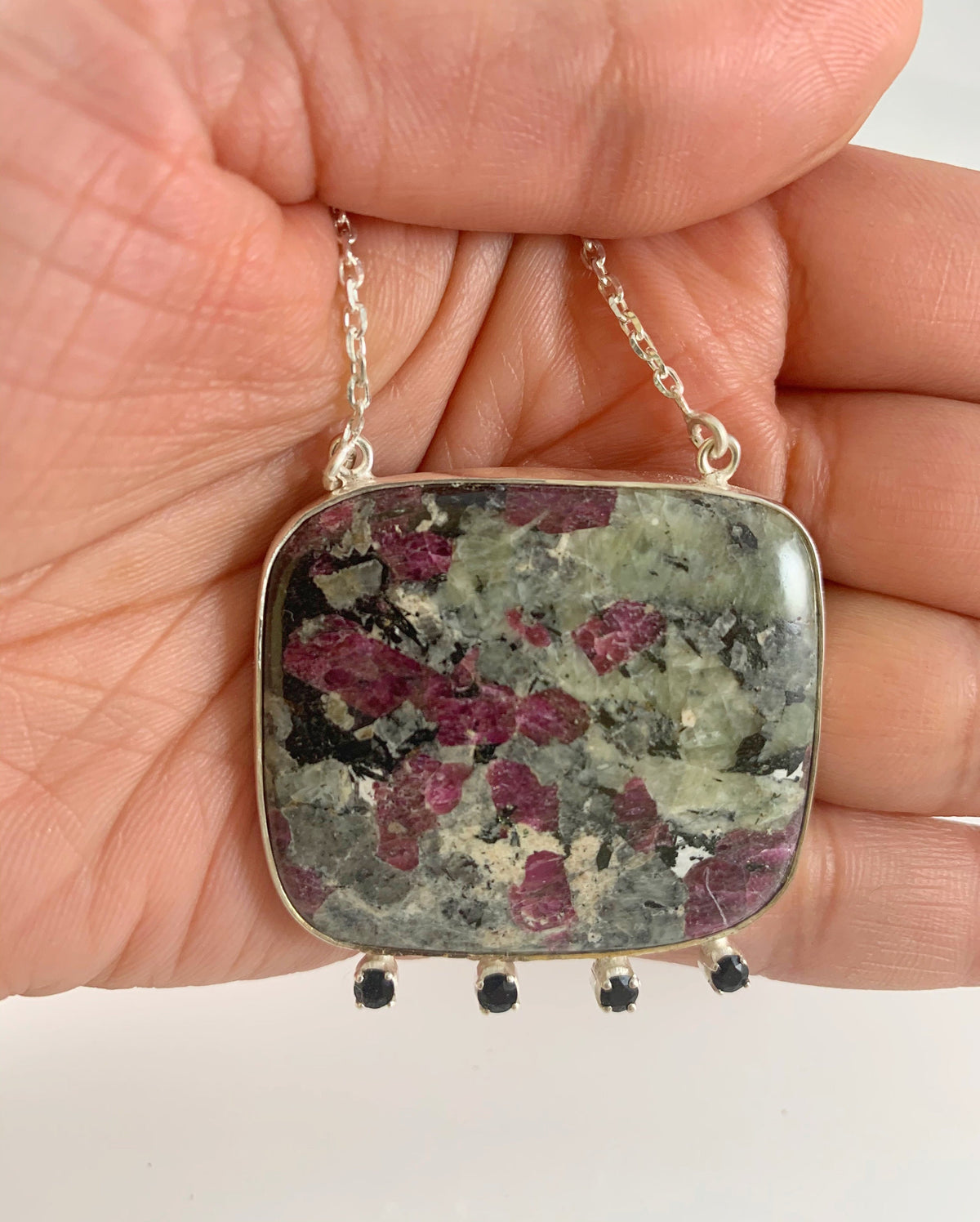 Ruby Zoisite and Black Onyx Pendant with Attached Chain - Stunning Ruby Zoisite ecklace - Rose Color Necklace - 925 Silver Gemstone
