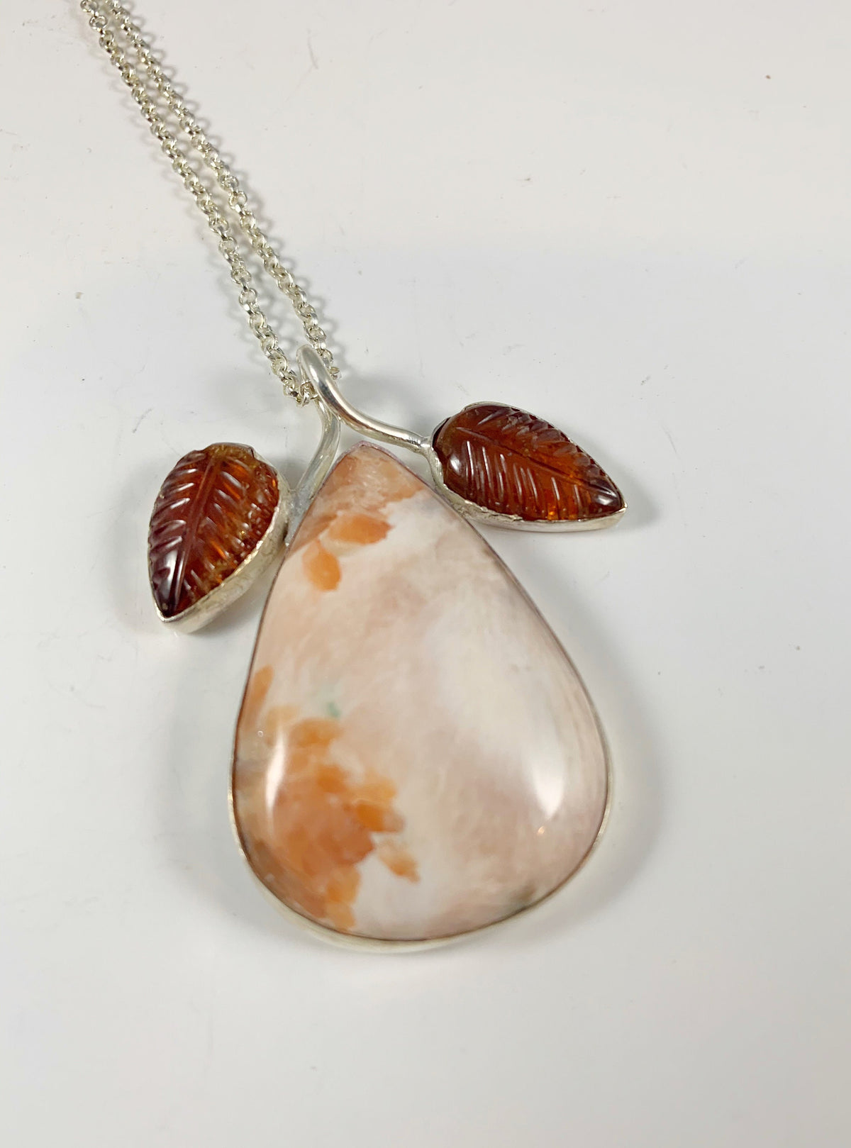 Natural Scolarsite and Carved Hessonite Garnet Pendant - Big Pink Orange Gemstone Pendant - Gift for Her - Solid 925 Sterling Silver Pendant