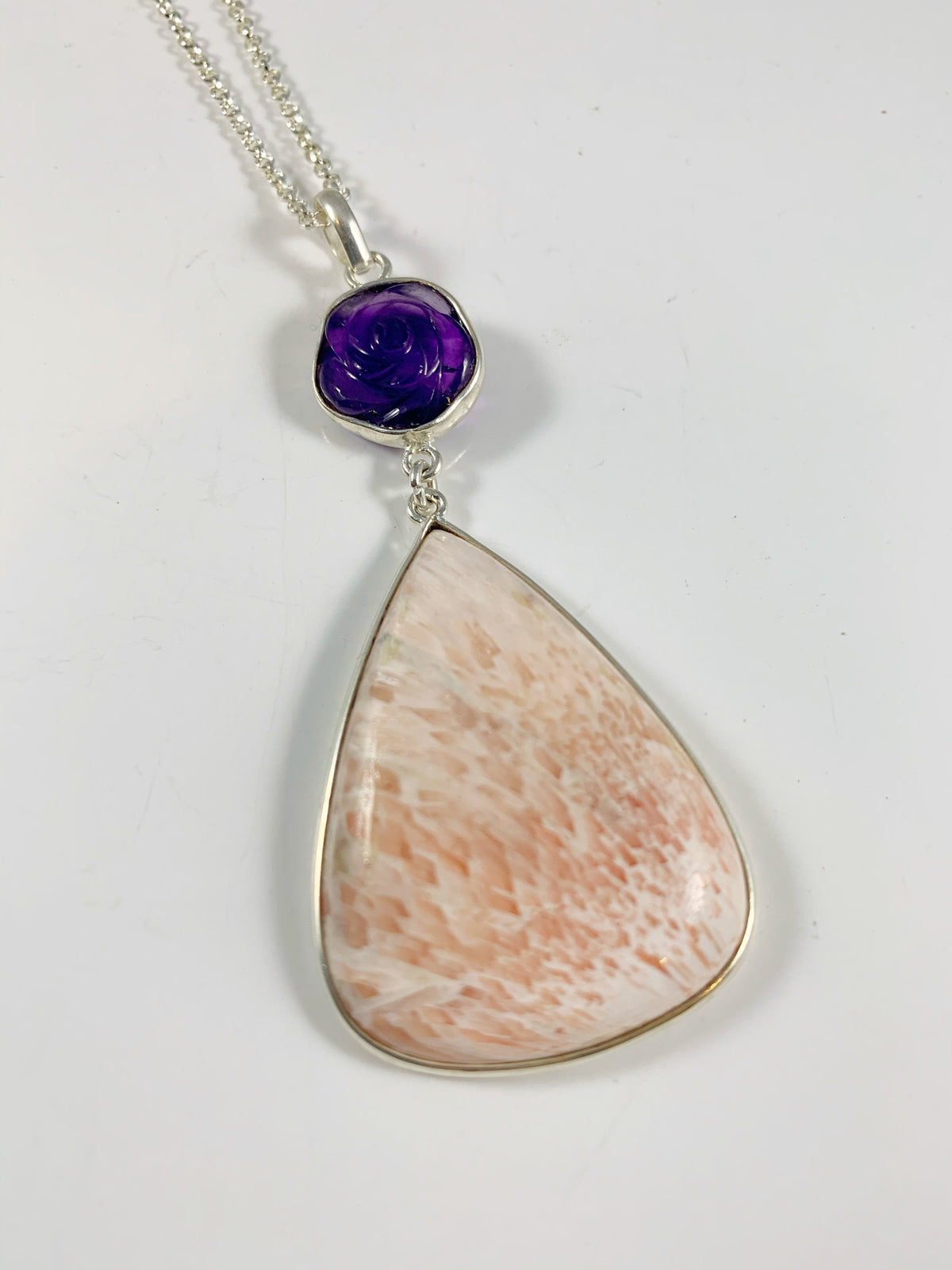 Natural Scolarsite and Floral Amethyst Pendant - Big Pink Orange Gemstone Pendant - Carved Amethyst Pendant - 925 Sterling Silver Pendant