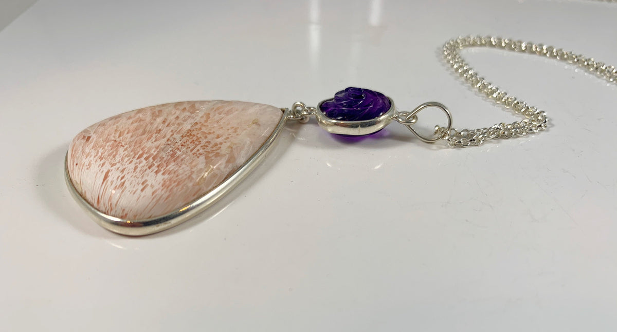 Natural Scolarsite and Floral Amethyst Pendant - Big Pink Orange Gemstone Pendant - Carved Amethyst Pendant - 925 Sterling Silver Pendant