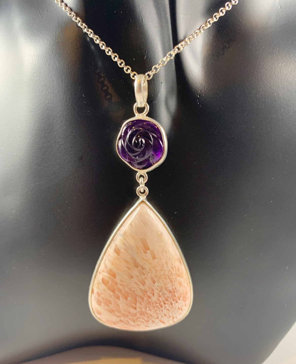 Natural Scolarsite and Floral Amethyst Pendant - Big Pink Orange Gemstone Pendant - Carved Amethyst Pendant - 925 Sterling Silver Pendant