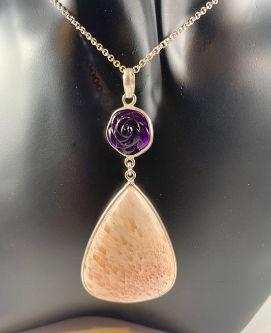 Natural Scolarsite and Floral Amethyst Pendant - Big Pink Orange Gemstone Pendant - Carved Amethyst Pendant - 925 Sterling Silver Pendant