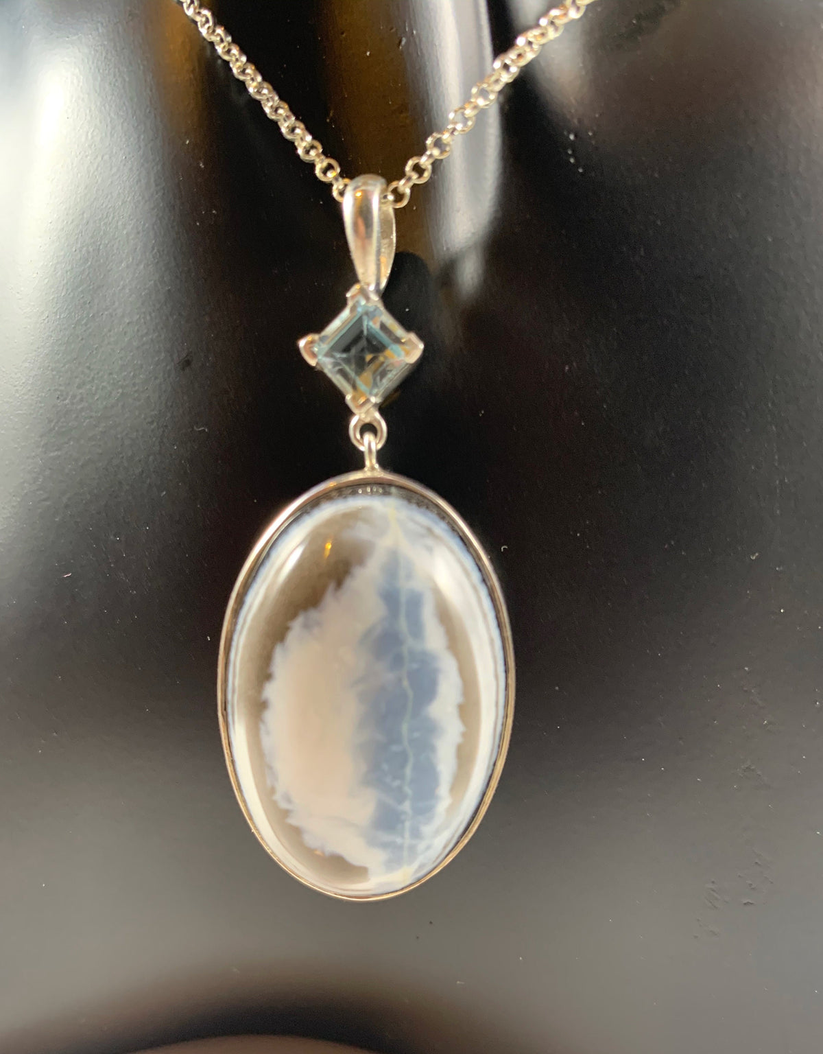 Blue Opal and Blue Topaz Silver Gemstone Pendant - Oval Shaped Pendant with Free Chain - Blue Gemstone Pendant - Solid 925 Sterling Silver