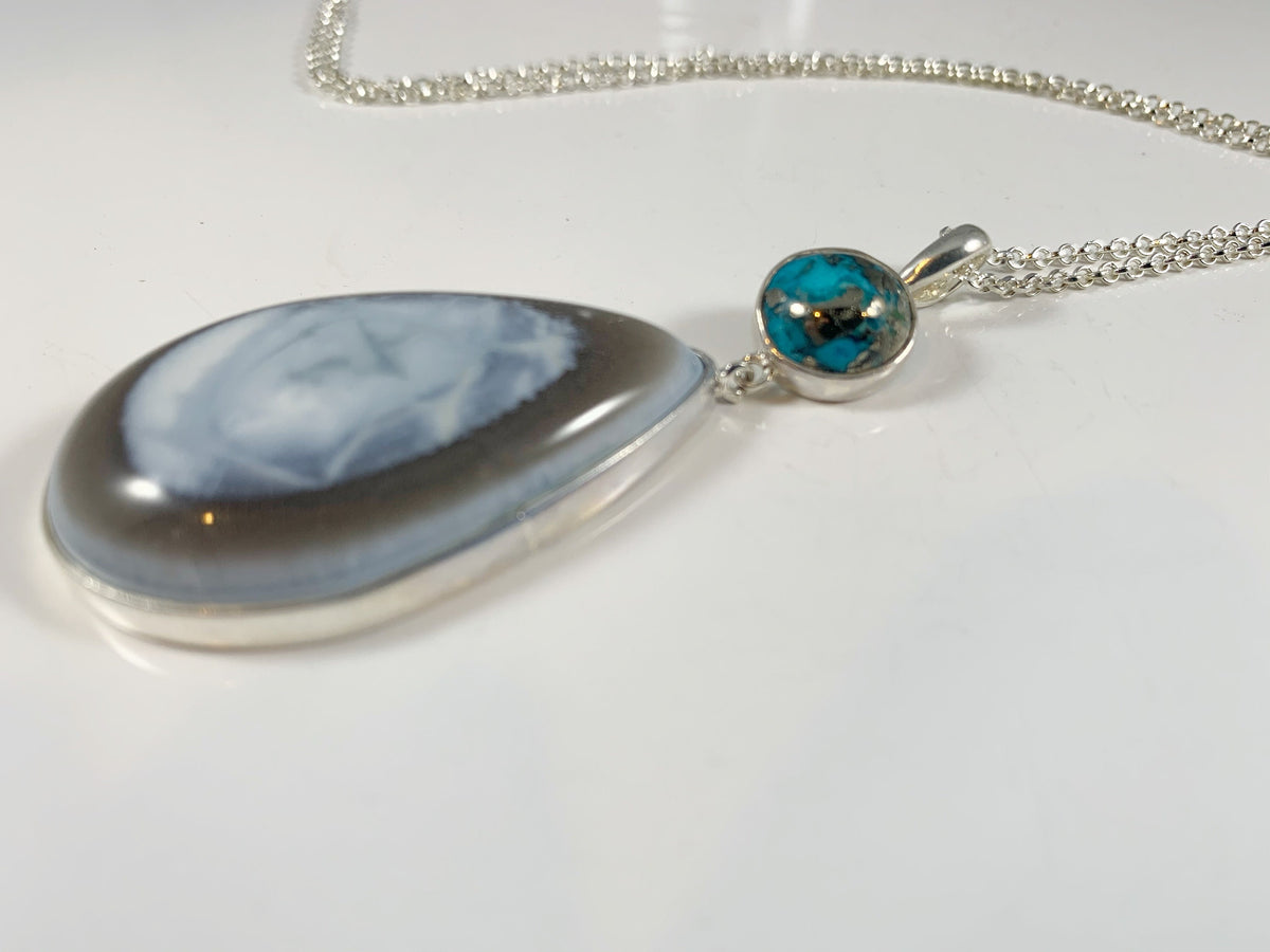 Blue Opal and Blue Turquoise Silver Gemstone Pendant - Pear Shaped Pendant with Free Chain - Blue Gemstone Pendant - 925 Sterling Silver