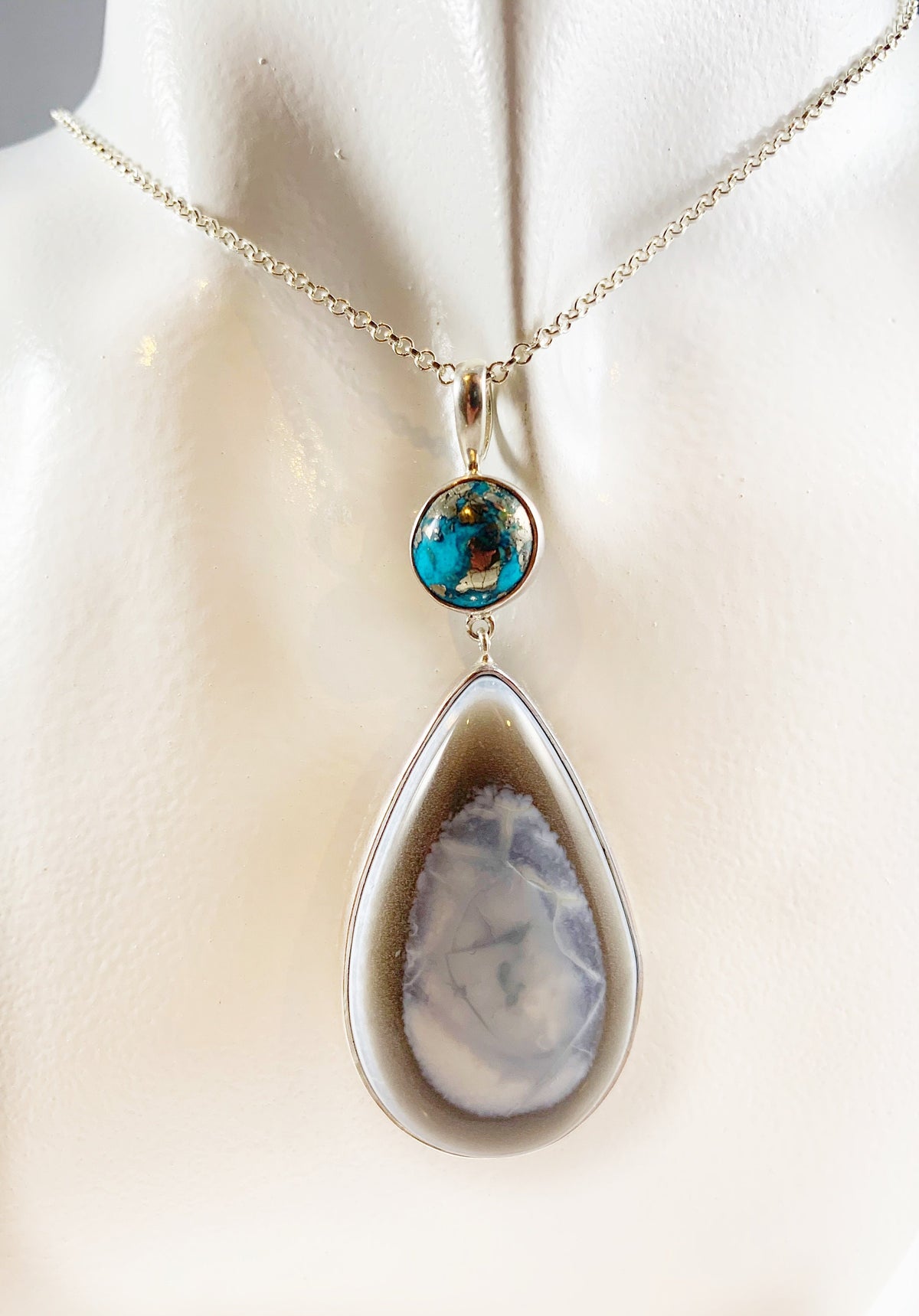 Blue Opal and Blue Turquoise Silver Gemstone Pendant - Pear Shaped Pendant with Free Chain - Blue Gemstone Pendant - 925 Sterling Silver
