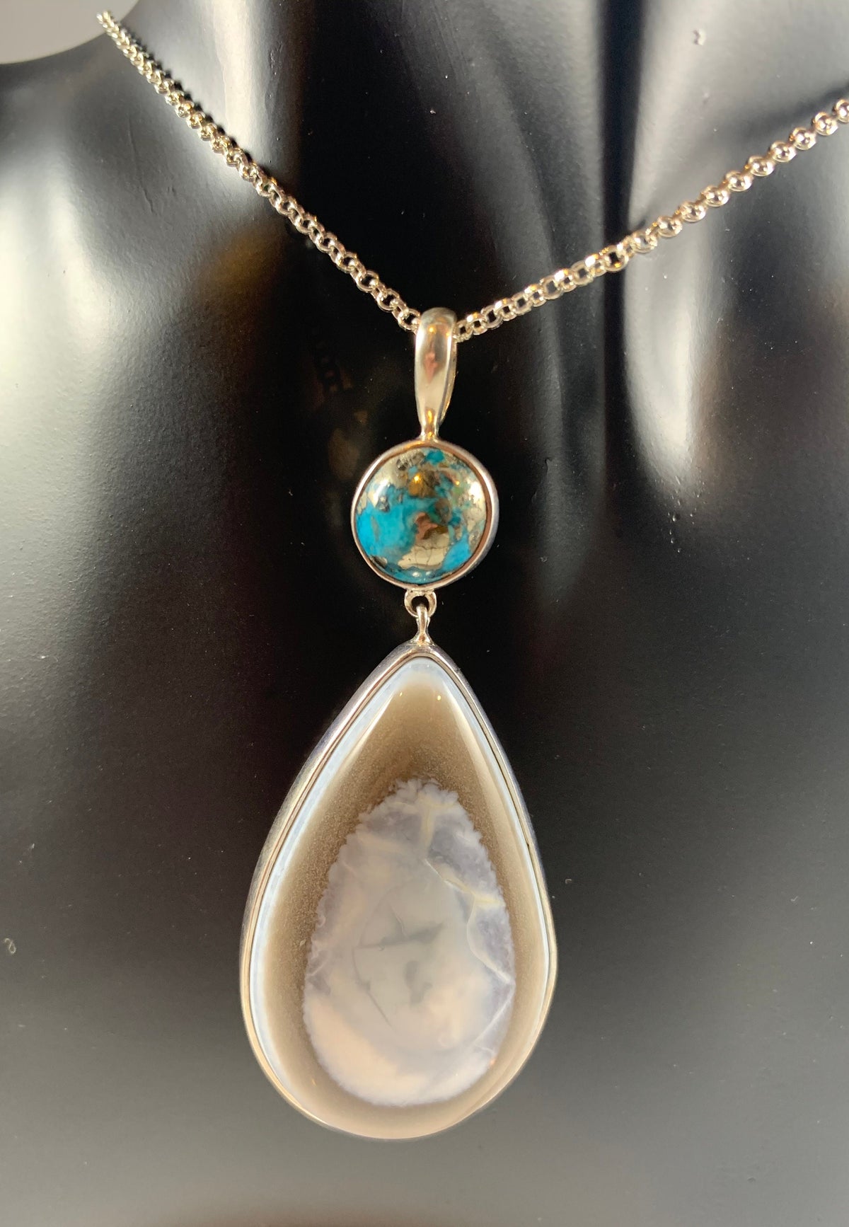 Blue Opal and Blue Turquoise Silver Gemstone Pendant - Pear Shaped Pendant with Free Chain - Blue Gemstone Pendant - 925 Sterling Silver