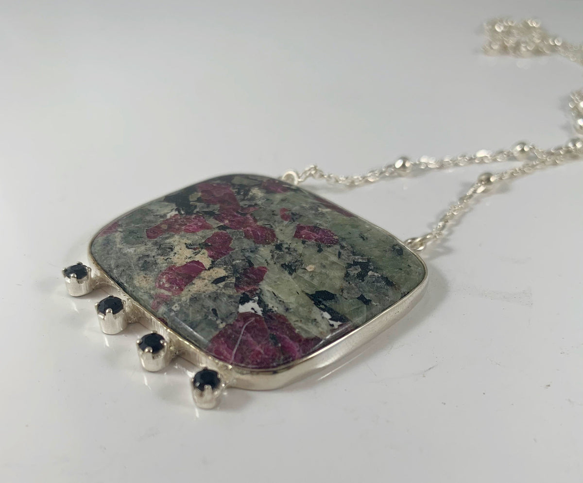 Ruby Zoisite and Black Onyx Pendant with Attached Chain - Stunning Ruby Zoisite ecklace - Rose Color Necklace - 925 Silver Gemstone