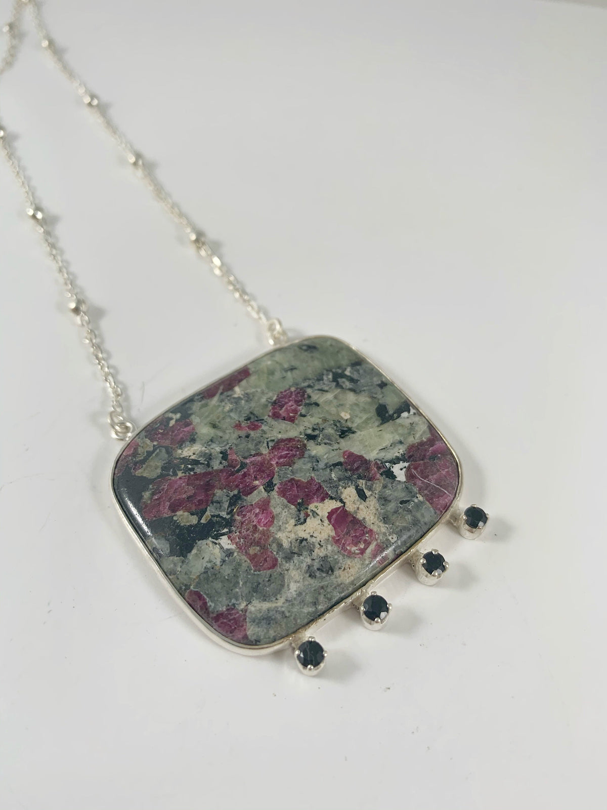 Ruby Zoisite and Black Onyx Pendant with Attached Chain - Stunning Ruby Zoisite ecklace - Rose Color Necklace - 925 Silver Gemstone