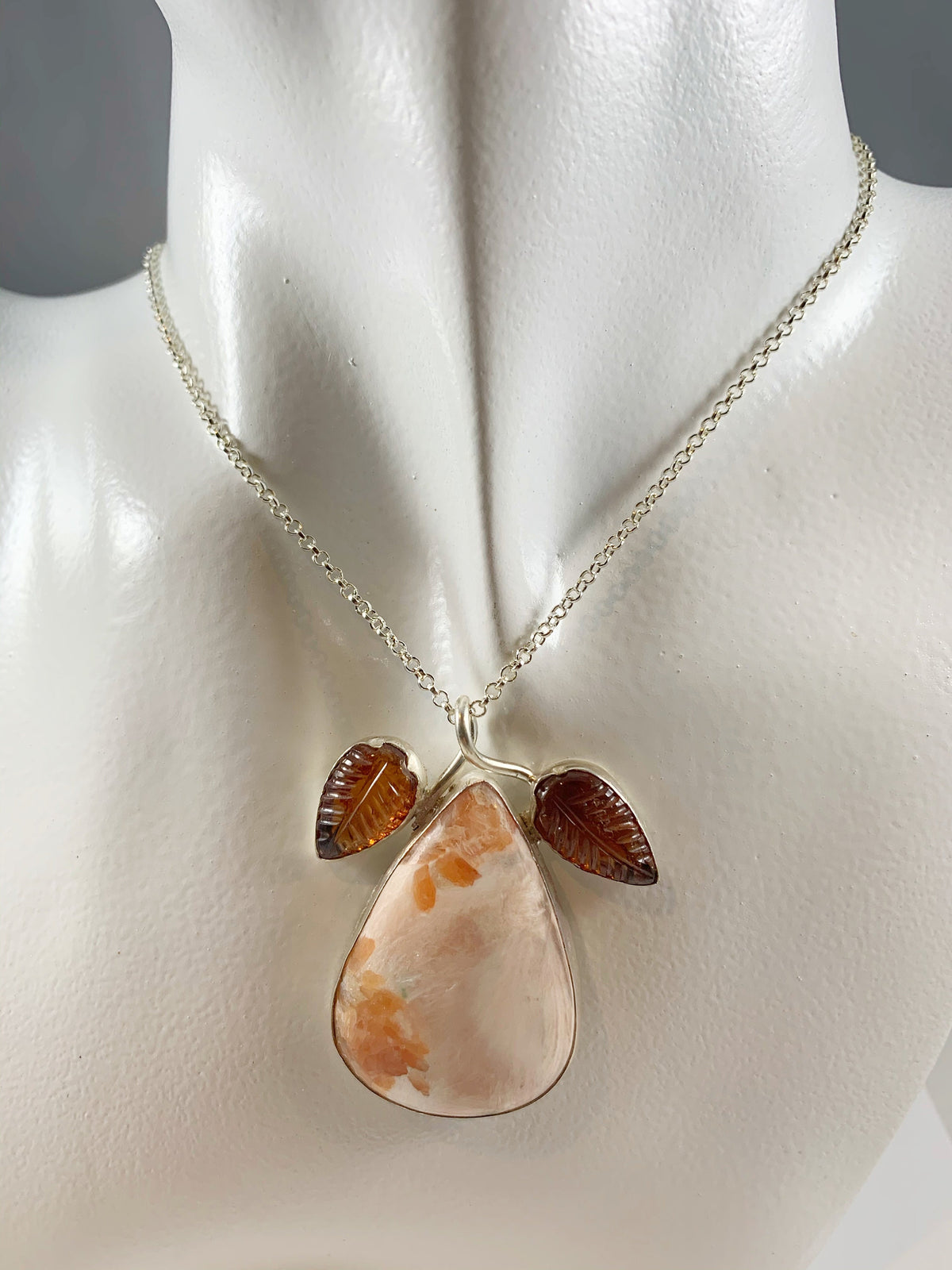 Natural Scolarsite and Carved Hessonite Garnet Pendant - Big Pink Orange Gemstone Pendant - Gift for Her - Solid 925 Sterling Silver Pendant