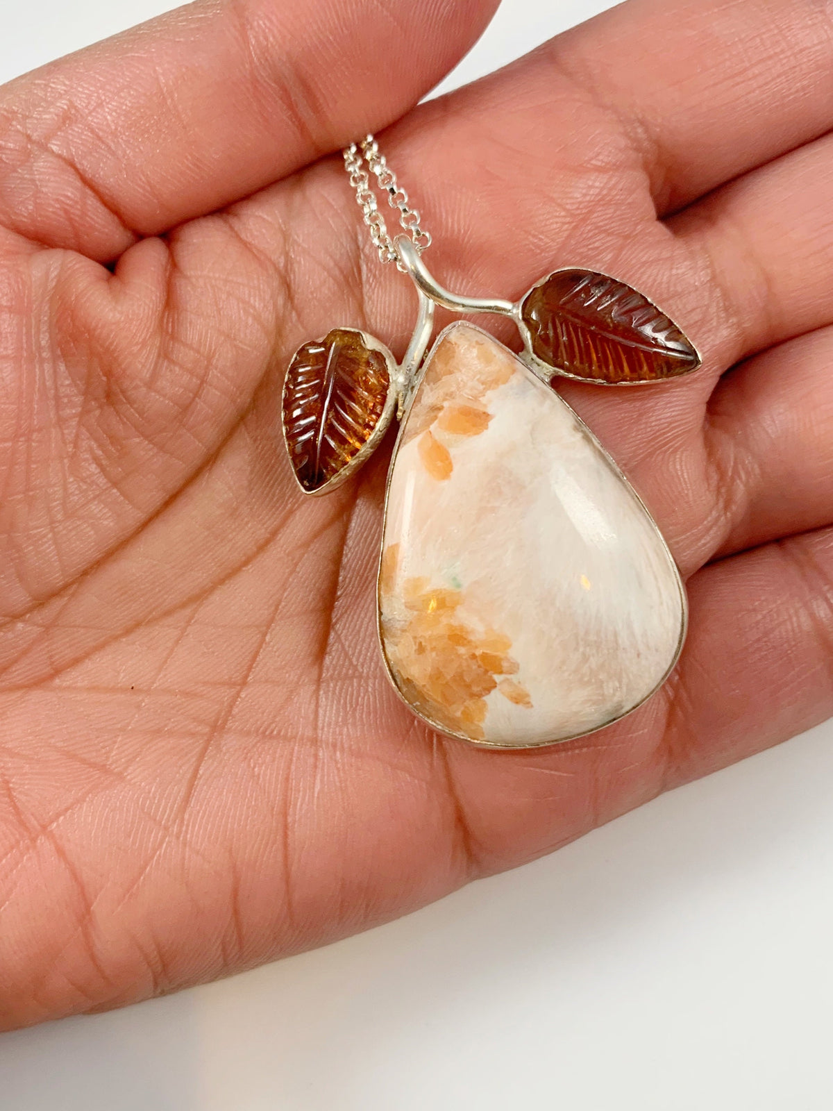 Natural Scolarsite and Carved Hessonite Garnet Pendant - Big Pink Orange Gemstone Pendant - Gift for Her - Solid 925 Sterling Silver Pendant