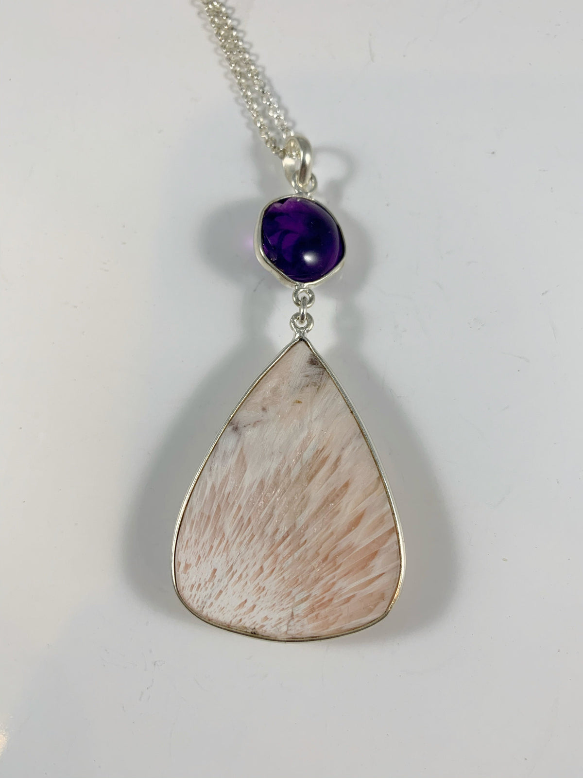 Natural Scolarsite and Floral Amethyst Pendant - Big Pink Orange Gemstone Pendant - Carved Amethyst Pendant - 925 Sterling Silver Pendant