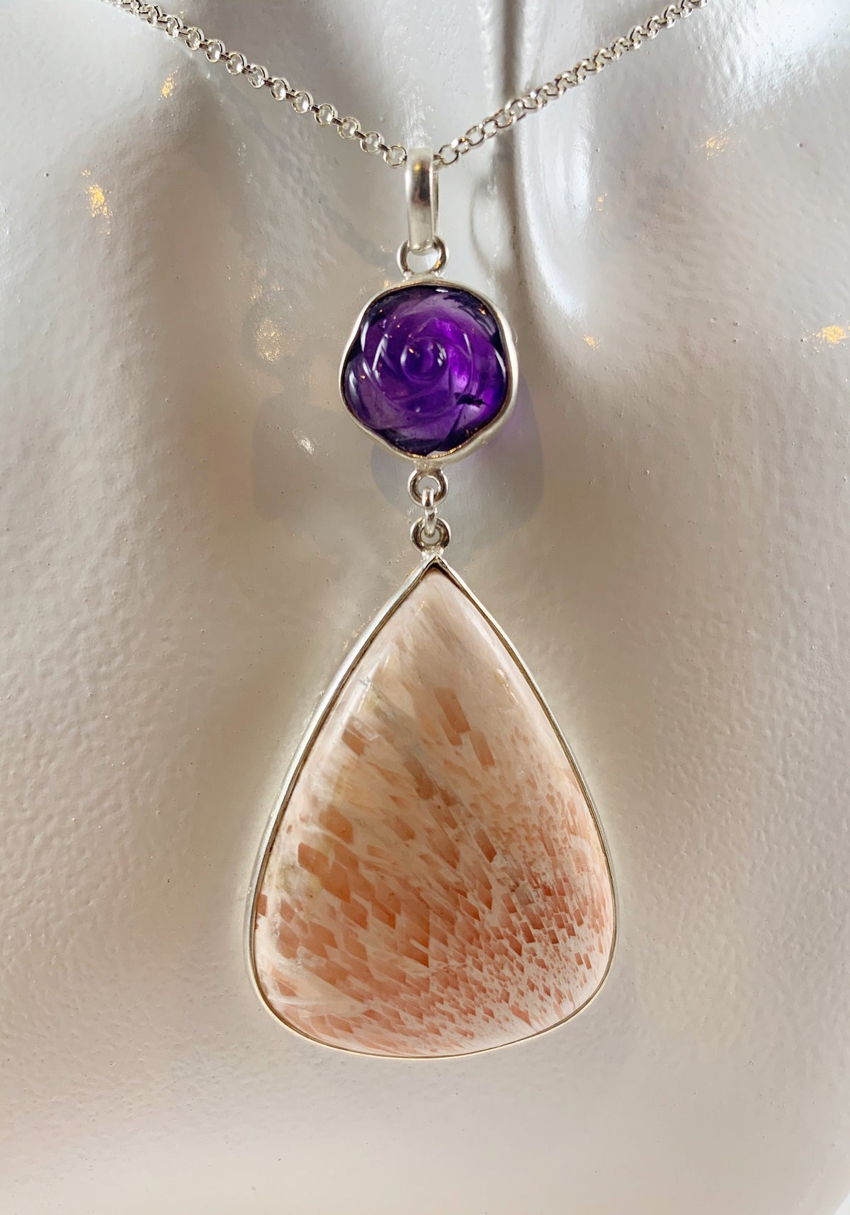 Natural Scolarsite and Floral Amethyst Pendant - Big Pink Orange Gemstone Pendant - Carved Amethyst Pendant - 925 Sterling Silver Pendant