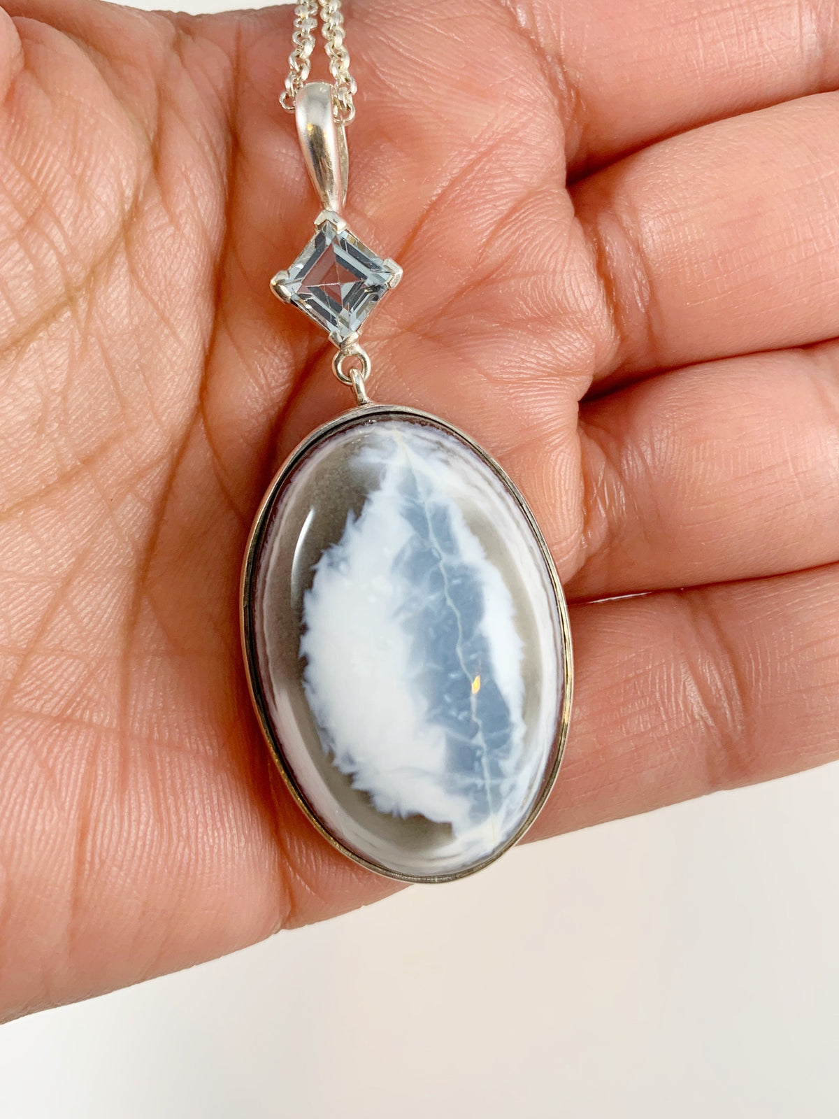 Blue Opal and Blue Topaz Silver Gemstone Pendant - Oval Shaped Pendant with Free Chain - Blue Gemstone Pendant - Solid 925 Sterling Silver