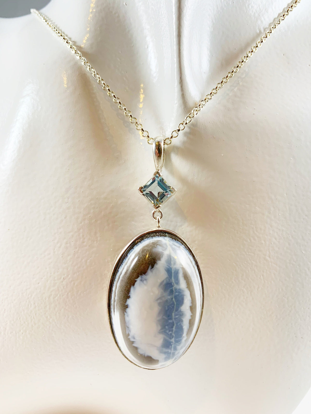 Blue Opal and Blue Topaz Silver Gemstone Pendant - Oval Shaped Pendant with Free Chain - Blue Gemstone Pendant - Solid 925 Sterling Silver