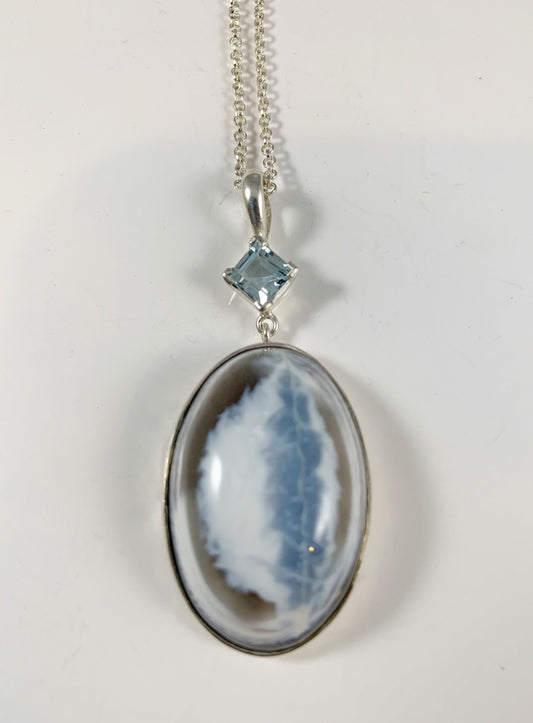 Blue Opal and Blue Topaz Silver Gemstone Pendant - Oval Shaped Pendant with Free Chain - Blue Gemstone Pendant - Solid 925 Sterling Silver
