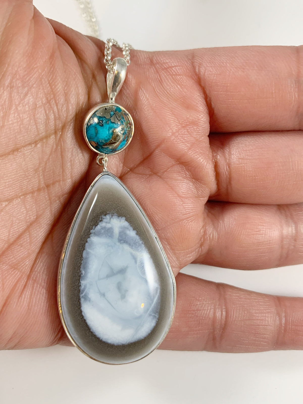 Blue Opal and Blue Turquoise Silver Gemstone Pendant - Pear Shaped Pendant with Free Chain - Blue Gemstone Pendant - 925 Sterling Silver