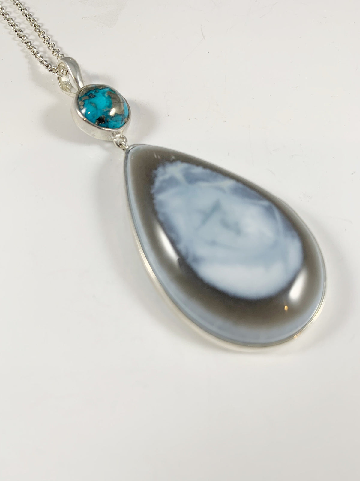 Blue Opal and Blue Turquoise Silver Gemstone Pendant - Pear Shaped Pendant with Free Chain - Blue Gemstone Pendant - 925 Sterling Silver