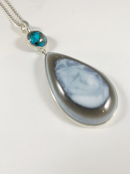 Blue Opal and Blue Turquoise Silver Gemstone Pendant - Pear Shaped Pendant with Free Chain - Blue Gemstone Pendant - 925 Sterling Silver