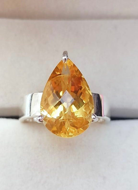 Genuine Citrine Pear Shaped Ring - Exquisite Pear Shaped Citrine -  Size 8 Citrine Ring - November Birthstone - Solid Sterling Silver Ring