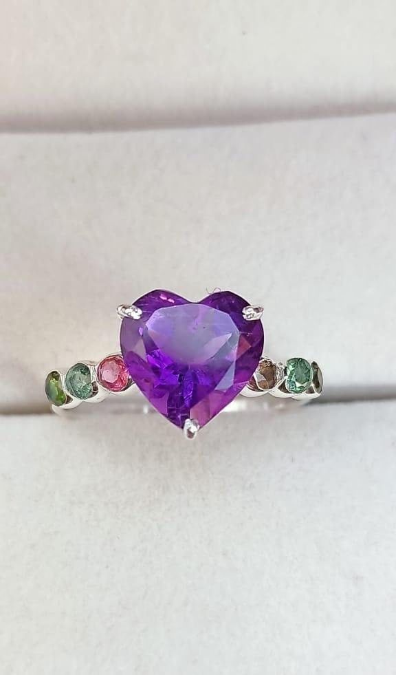Genuine Amethyst and Tourmaline Heart Shaped Ring - Exquisite Heart Shaped Ring -  Size 7 Ring - February Birthstone - Sterling Silver Ring