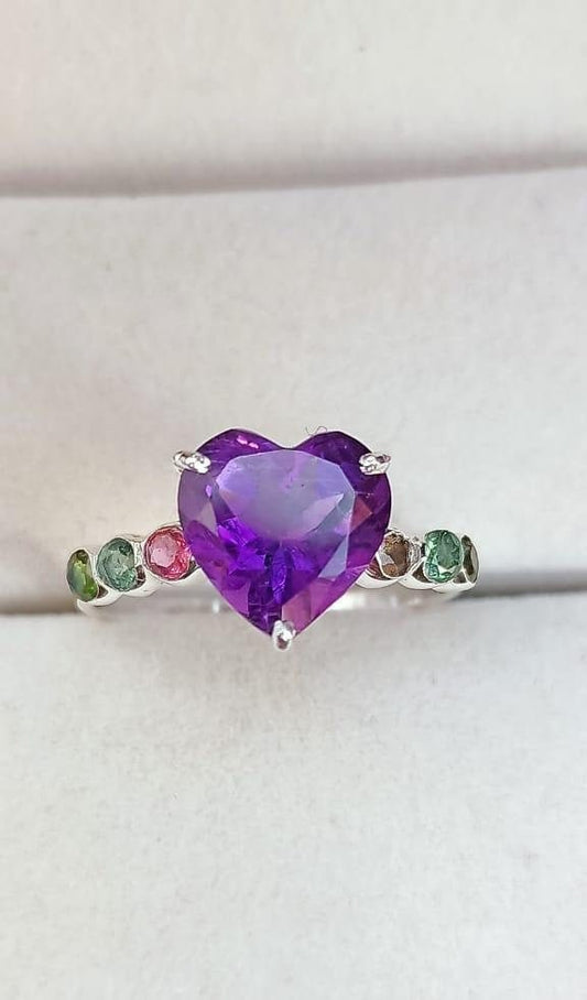 Genuine Amethyst and Tourmaline Heart Shaped Ring - Exquisite Heart Shaped Ring -  Size 7 Ring - February Birthstone - Sterling Silver Ring