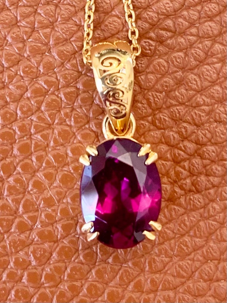 Solid 14 K Gold Rhodolite Garnet Pendant with 18 Inches Chain - Solid Gold Garnet Pendant -  Garnet Gold Necklace - Gold Gemstone Pendant