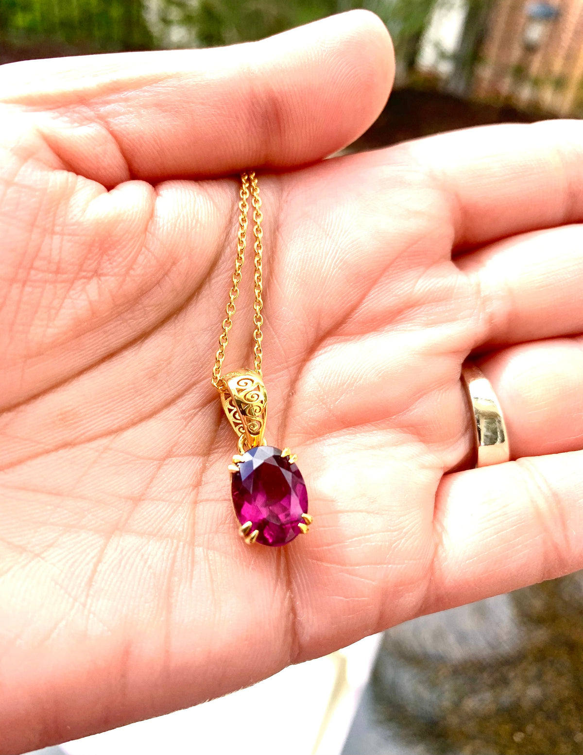 Solid 14 K Gold Rhodolite Garnet Pendant with 18 Inches Chain - Solid Gold Garnet Pendant -  Garnet Gold Necklace - Gold Gemstone Pendant