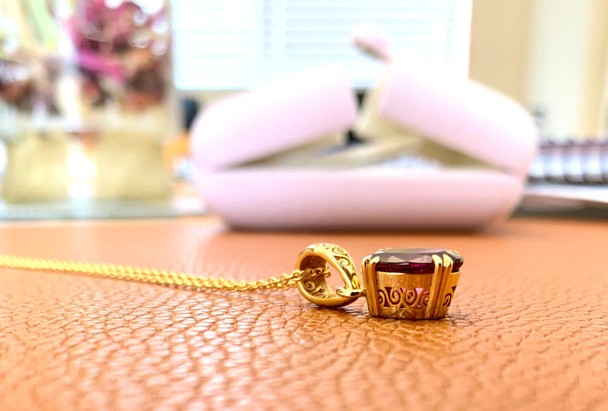 Solid 14 K Gold Rhodolite Garnet Pendant with 18 Inches Chain - Solid Gold Garnet Pendant -  Garnet Gold Necklace - Gold Gemstone Pendant