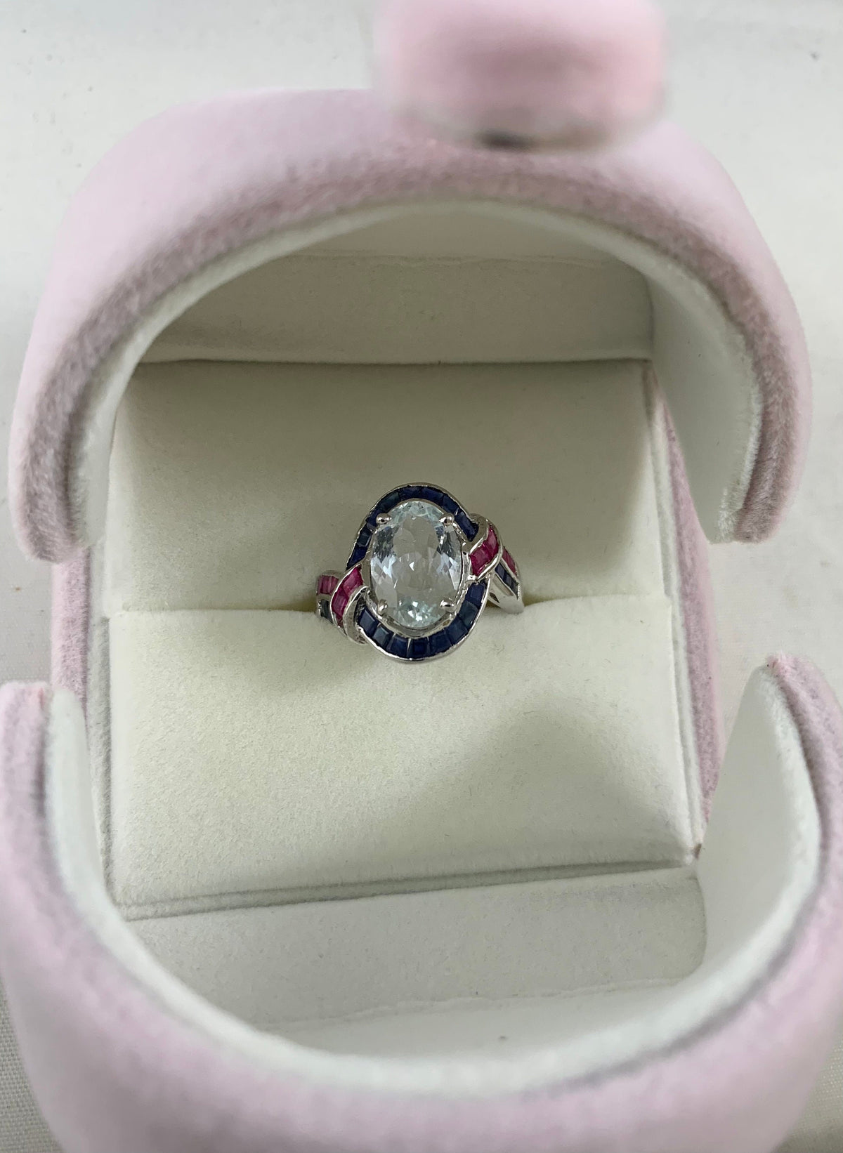 Natural Aquamarine Ring with Rubies & Sapphires - US 7.25 - Aquamarine Ring - Ruby Sapphire Ring - March Birthstone - Sterling Silver Ring