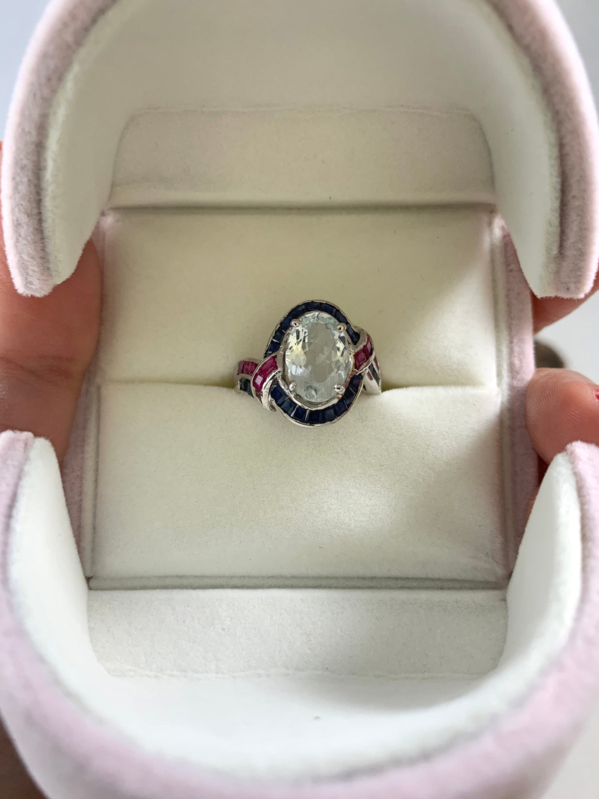 Natural Aquamarine Ring with Rubies & Sapphires - US 7.25 - Aquamarine Ring - Ruby Sapphire Ring - March Birthstone - Sterling Silver Ring