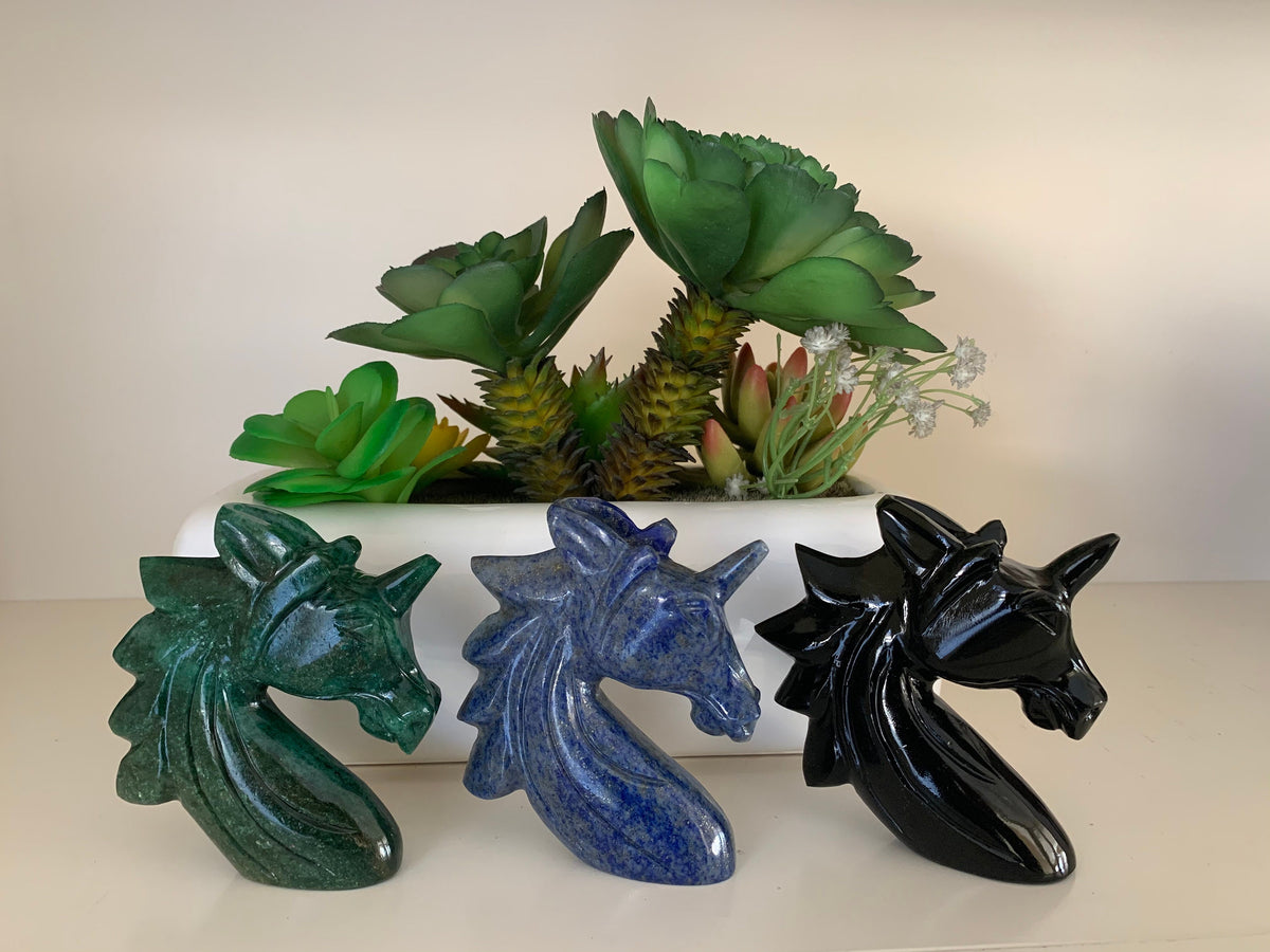 Natural Gemstone Unicorn - Carved Gemstone Figurine -  Unicorn Gift - Green Aventurine - Lapis Lazuli - Black Obsidian - Gift for her