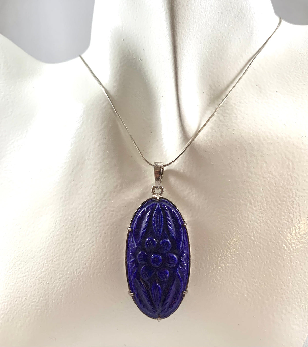 Natural Lapis Lazuli Carved Pendant - Floral Carved Pendant - December Birthstone - Gift for Her - Solid 925 Sterling Silver Pendant
