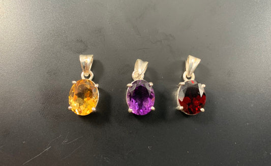 Natural Gemstone Oval Pendant - Citrine Pendant - Red Garnet Pendant - Amethyst Pendant - Gift for Her - Solid 925 Sterling Silver Pendant