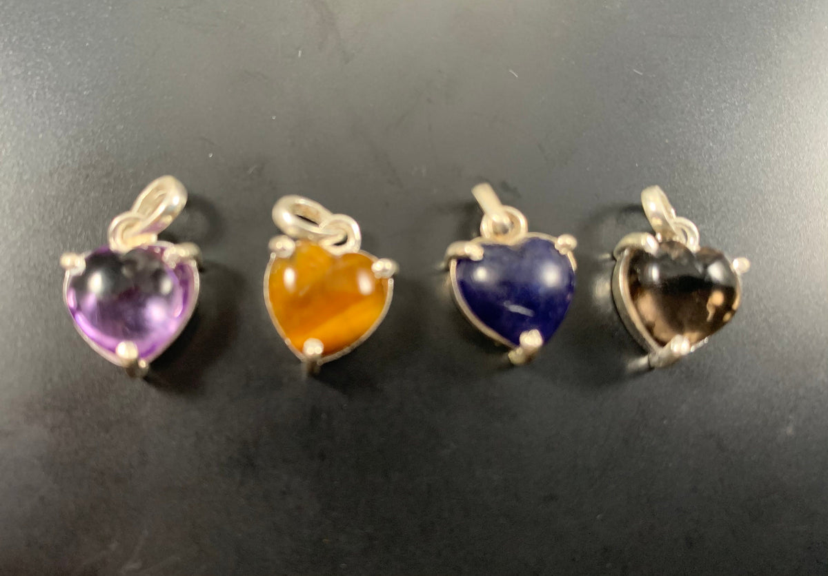 Heart Shaped Silver Pendant w Free Chain - Amethyst - Tiger Eye - Lapis Lazuli - Smoky Quartz - Heart Necklace - Solid 925 Sterling Silver